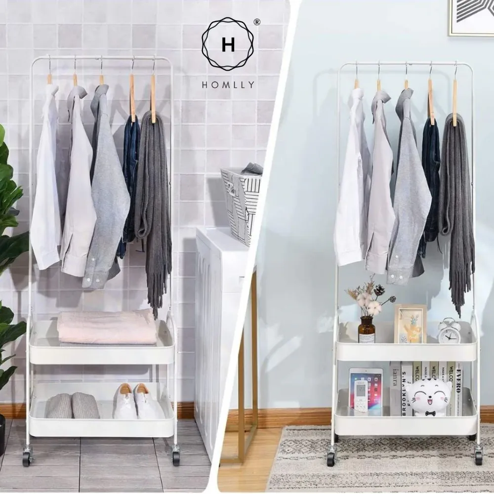 Homlly 2 Tier Movable Metal Basket Organizer Coat Rack with Wheels