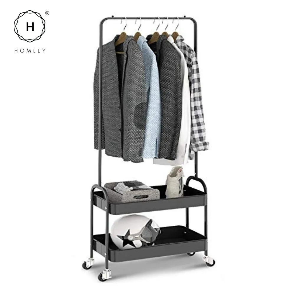 Homlly 2 Tier Movable Metal Basket Organizer Coat Rack with Wheels