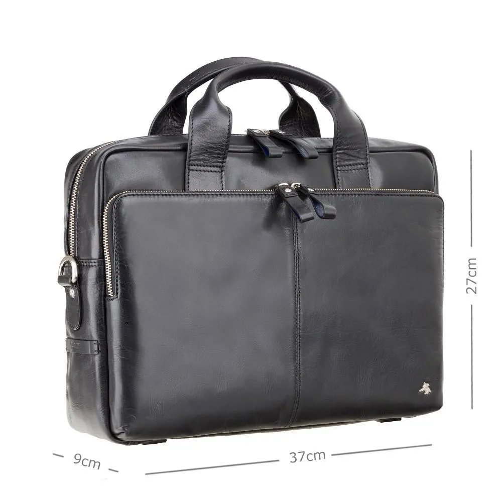 Hugo - 13" Leather Laptop Briefcase- Black