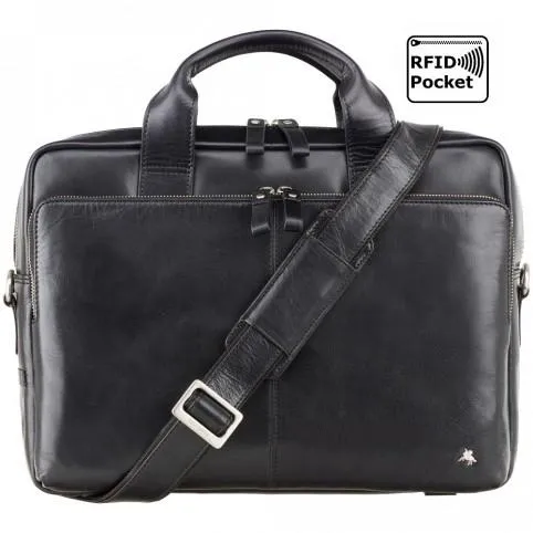 Hugo - 13" Leather Laptop Briefcase- Black