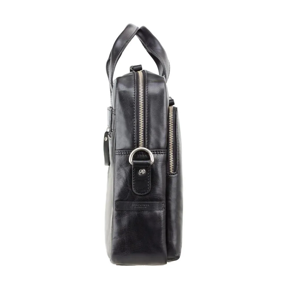 Hugo - 13" Leather Laptop Briefcase- Black