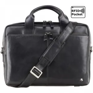 Hugo - 13" Leather Laptop Briefcase- Black