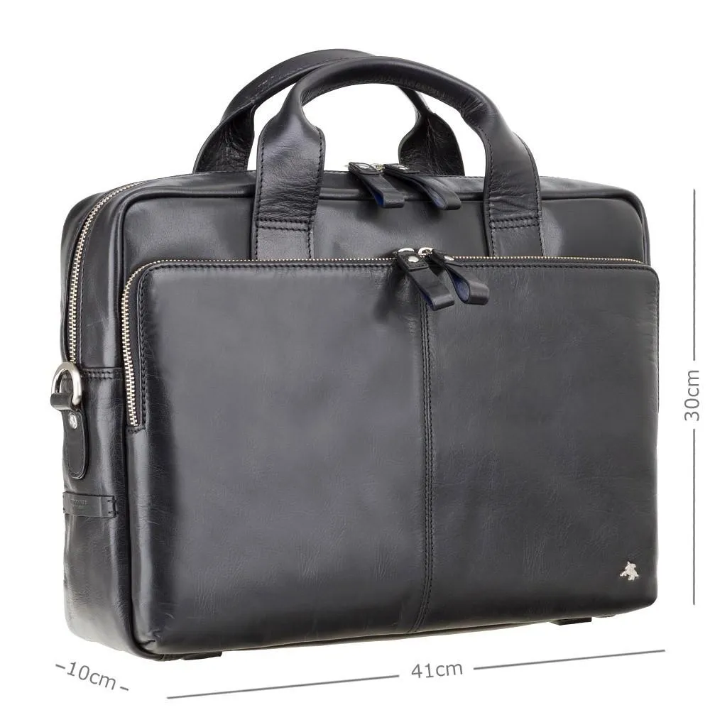 Hugo - 15" Leather Laptop Briefcase- Black