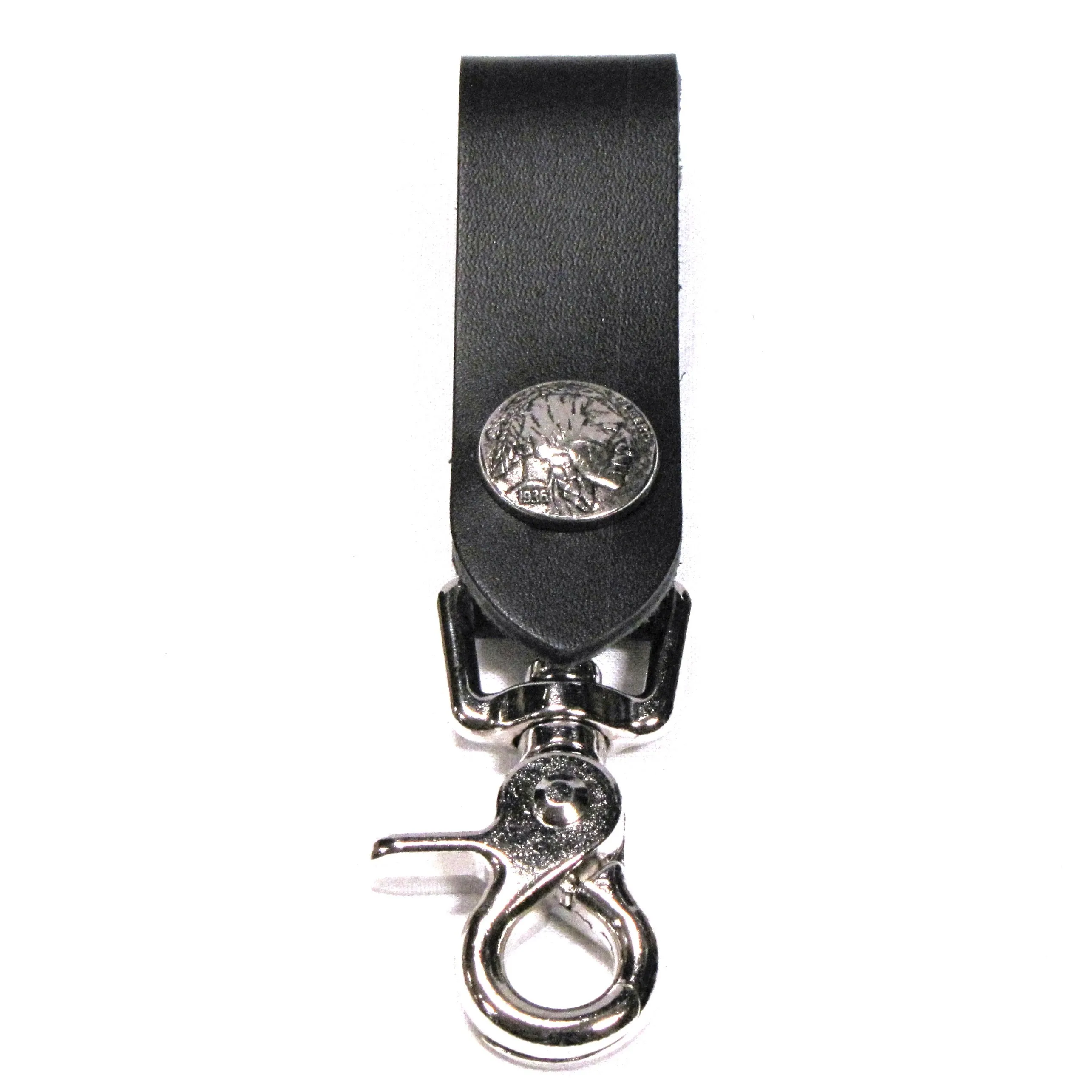 K03-IN  Black Leather Key Fob-Indian Head Nickel