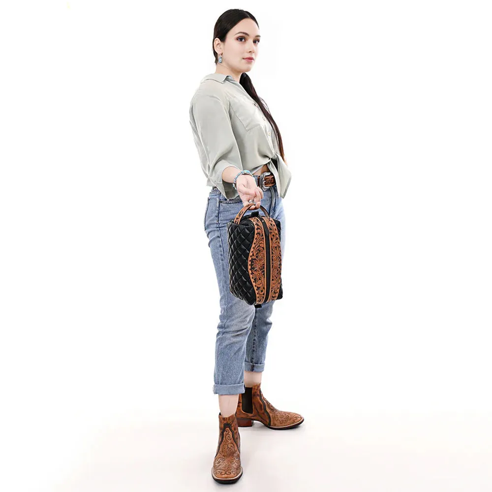 Kinsley Tooled and Quilted Leather Makeup Bag