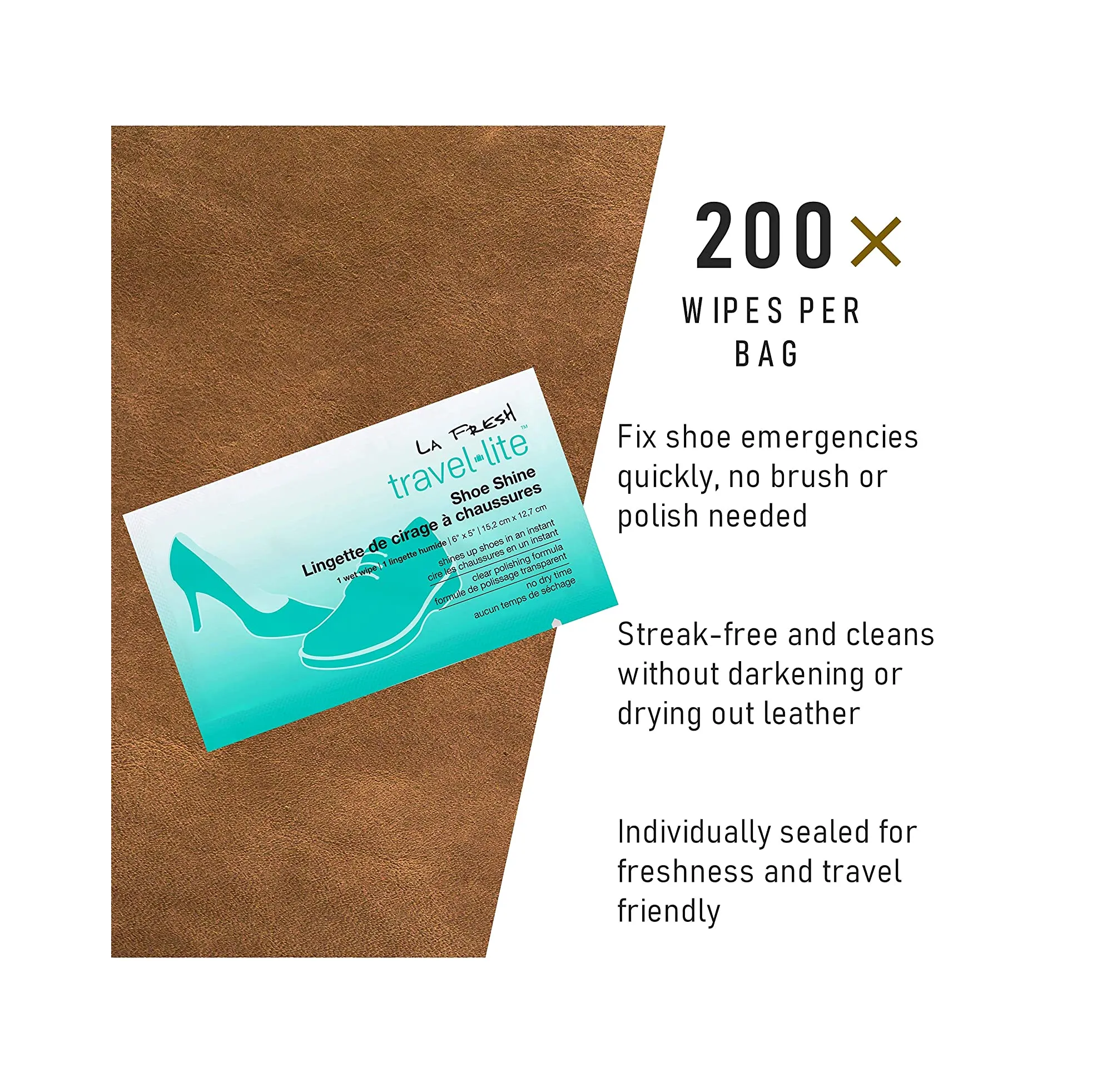 LA Fresh Travel Lite Pre-Moistened Shoe Shine Wipes Case of 200 Individually