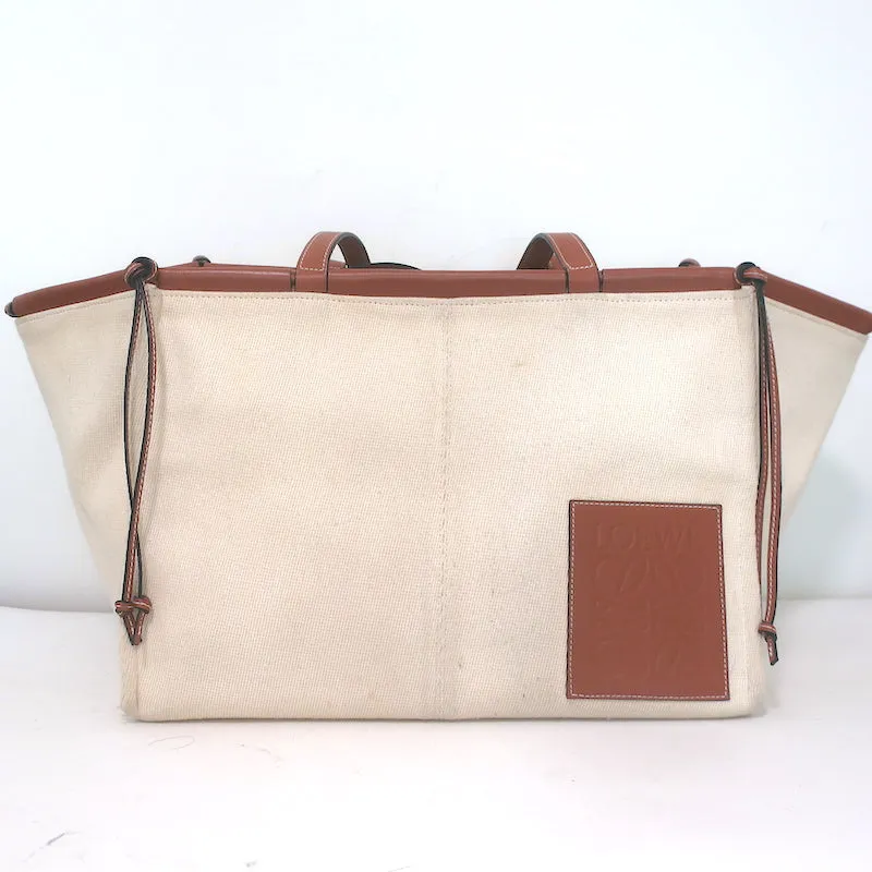 Loewe Cushion Tote Brown Leather-Trimmed Ecru Canvas Large Shoulder Bag