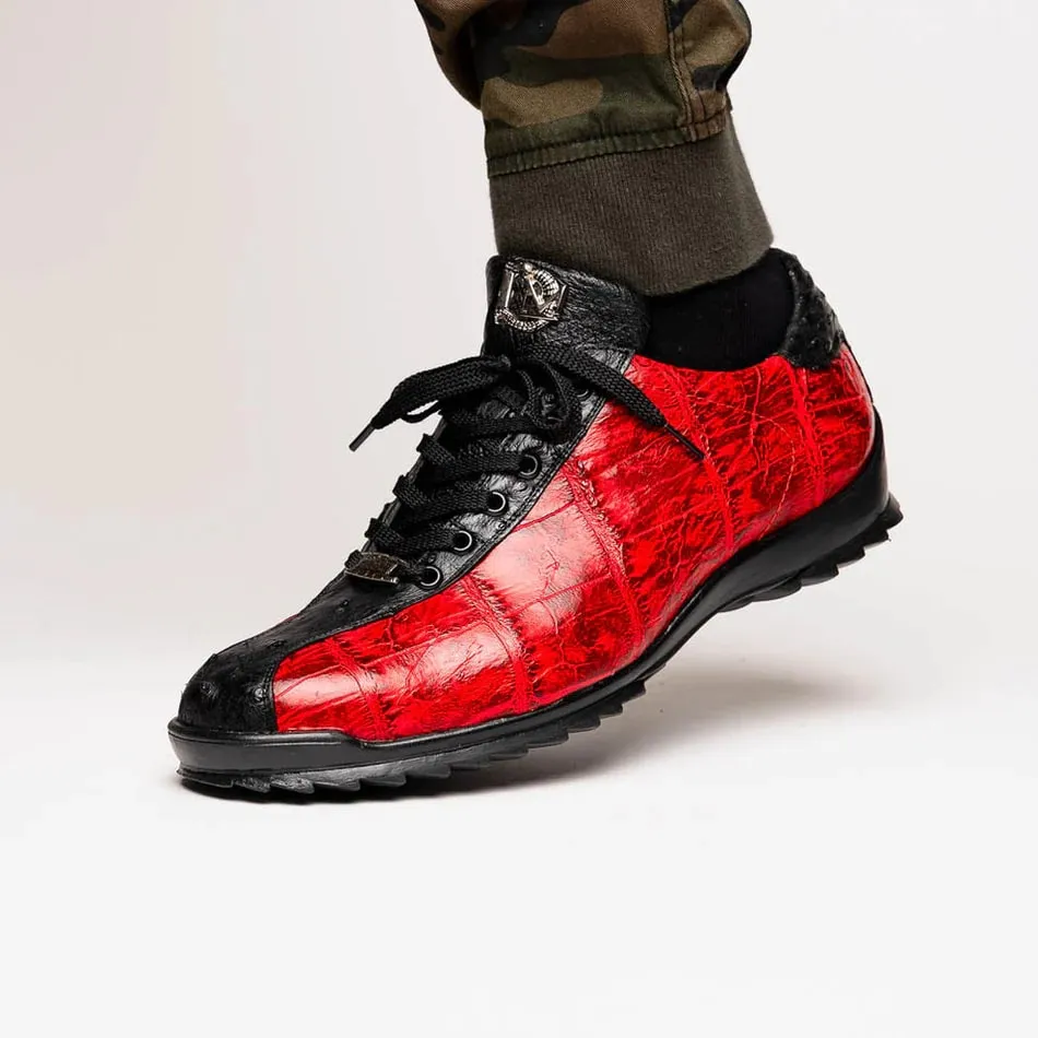 Marco Di Milano Saulo Men's Shoes Black & Red Exotic Ostich / Alligator Casual Sneakers