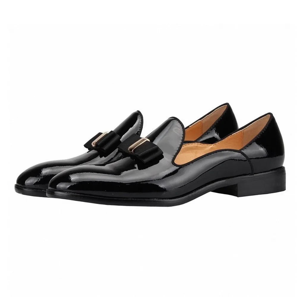 Mens Loafers shoes bow tie Black Patent leather Slip