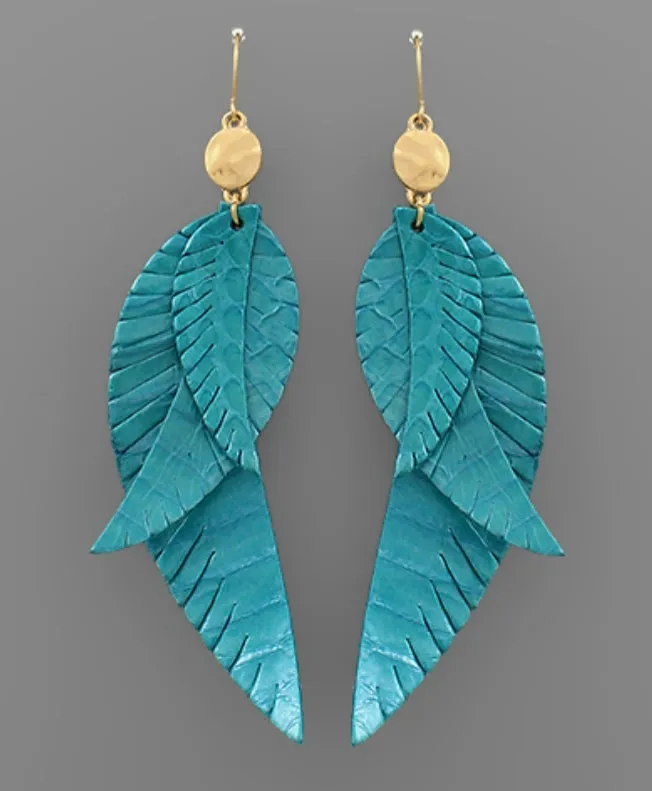 Multi Feather Leather Earrings (Teal)