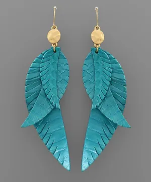 Multi Feather Leather Earrings (Teal)