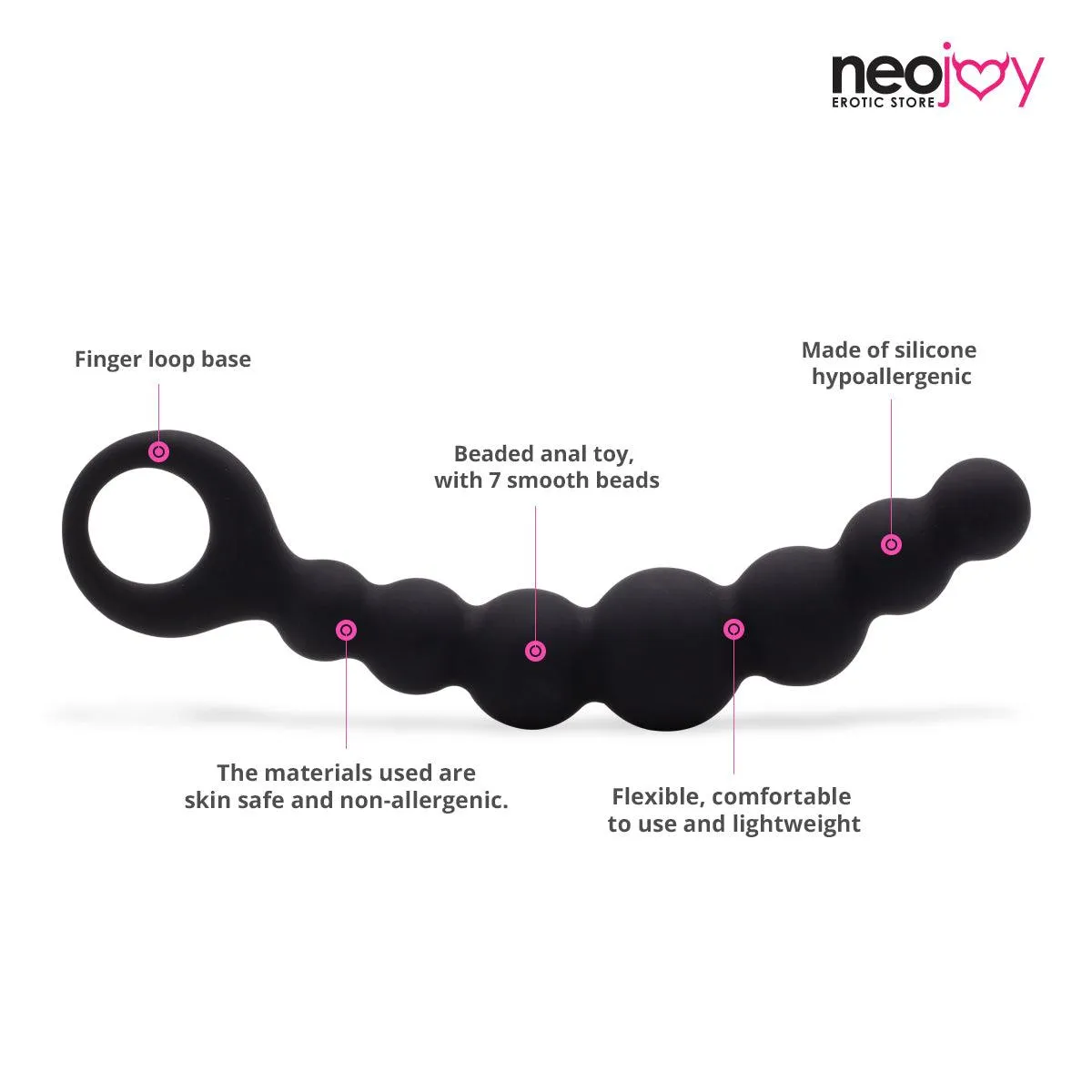 Neojoy Anal Butt Plug 7 beads silicone - Black 7.28 inch -18.5 cm