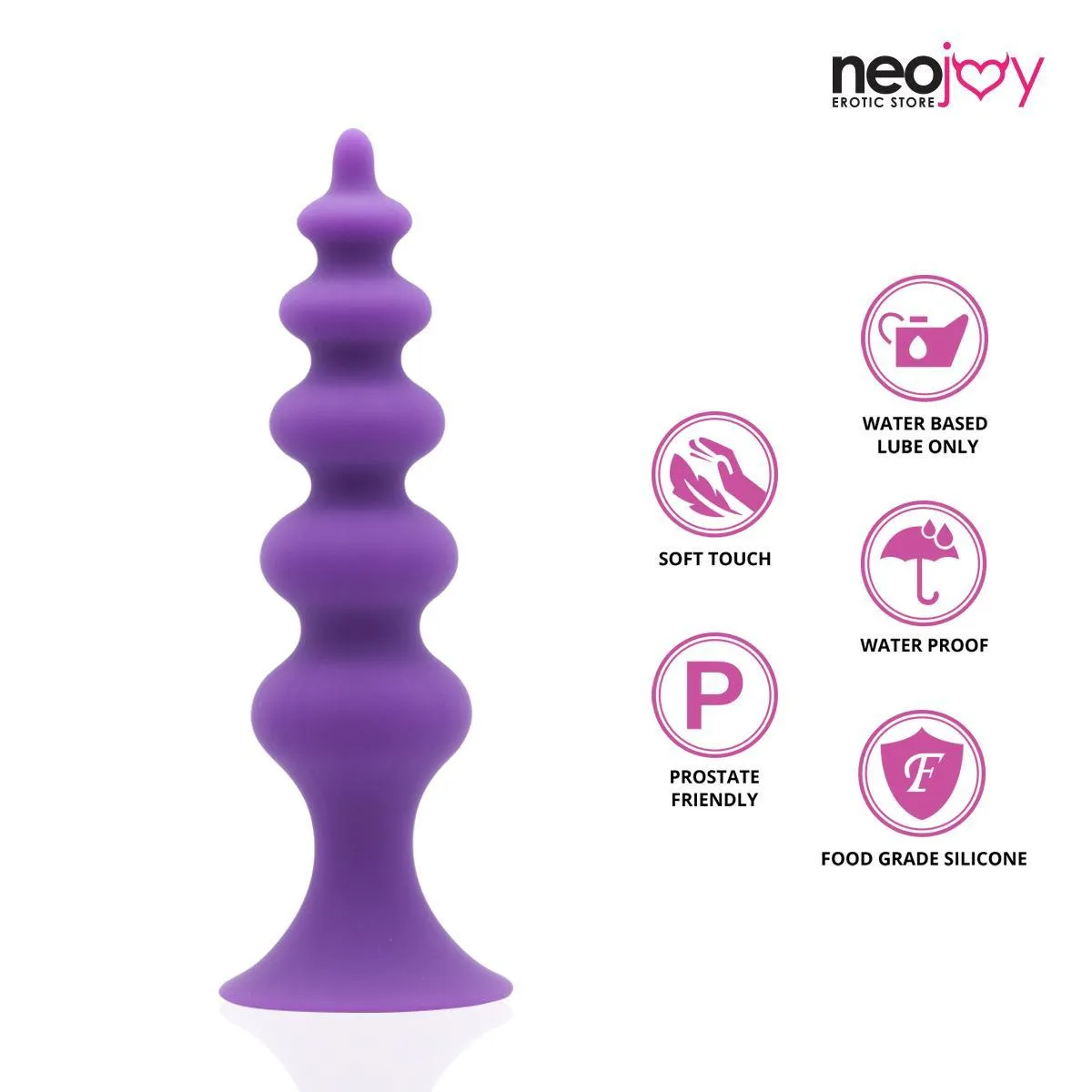 Neojoy Beaded Anal Prober Silicone Purple With Suction Cup Base