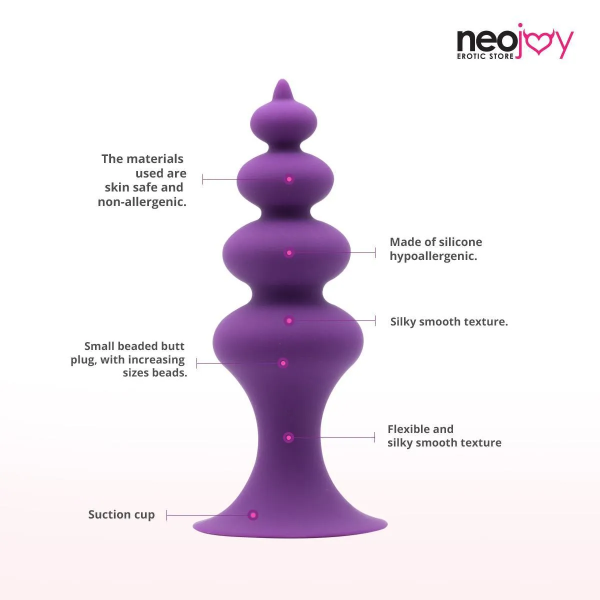 Neojoy Beaded Anal Prober Silicone Purple With Suction Cup Base