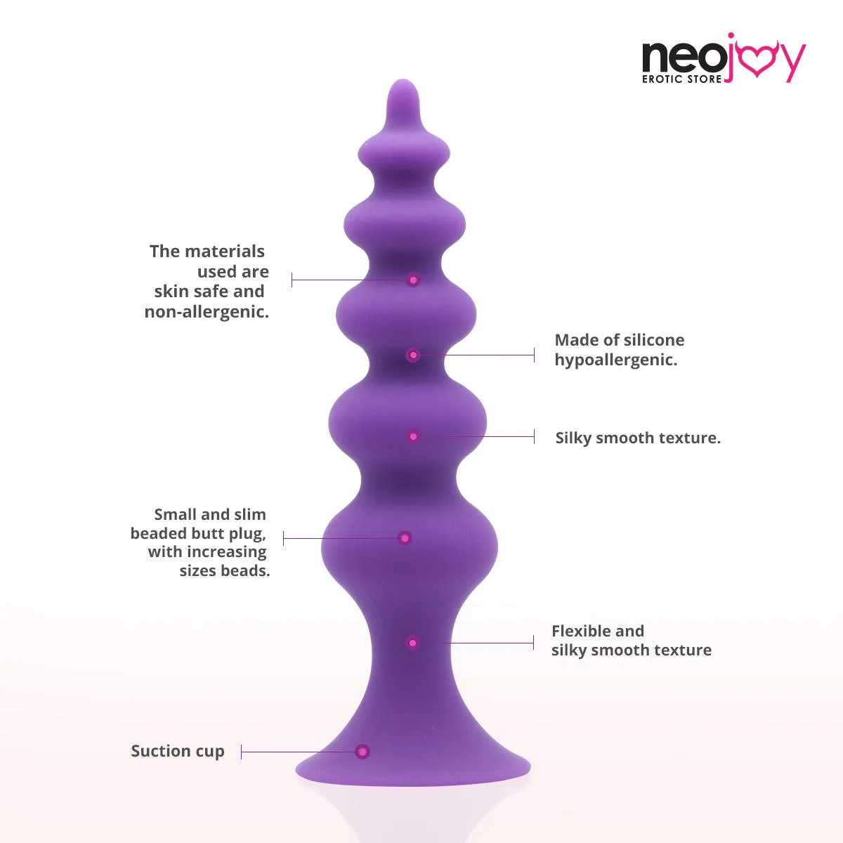 Neojoy Beaded Anal Prober Silicone Purple With Suction Cup Base