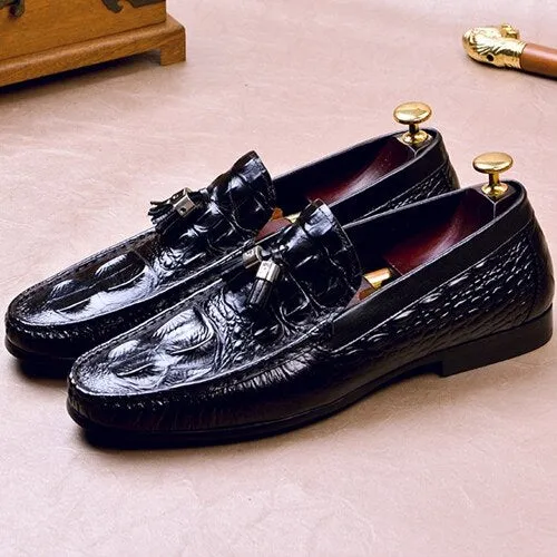 New Fashion Genuine Leather Men's Casual Loafers Round Toe Slip on Man Handmade Alligator Pattern Tassels Driving Shoes