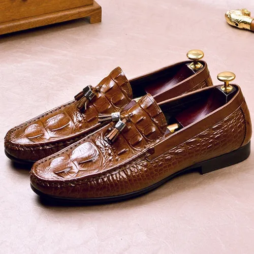 New Fashion Genuine Leather Men's Casual Loafers Round Toe Slip on Man Handmade Alligator Pattern Tassels Driving Shoes