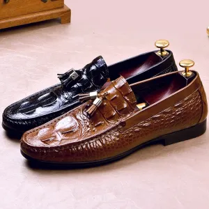 New Fashion Genuine Leather Men's Casual Loafers Round Toe Slip on Man Handmade Alligator Pattern Tassels Driving Shoes