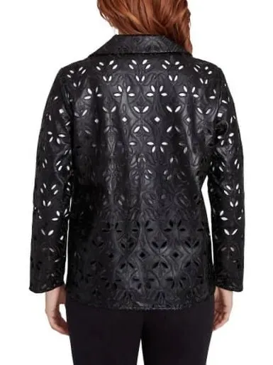 Open Embroidered Faux Leather Jacket - Black