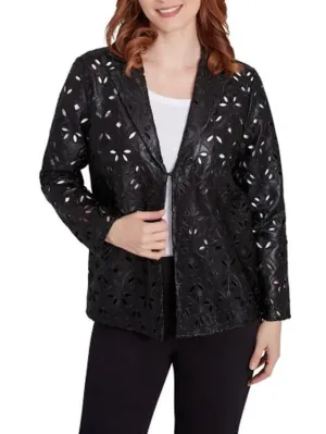 Open Embroidered Faux Leather Jacket - Black