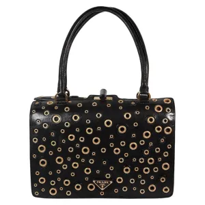 PRADA Black Leather Handbag with Gold Grommets
