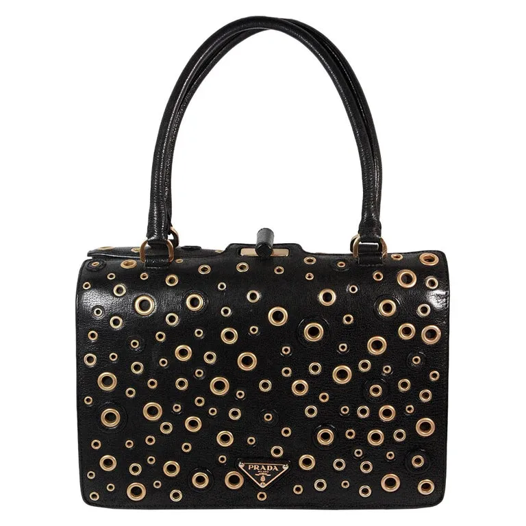 PRADA Black Leather Handbag with Gold Grommets