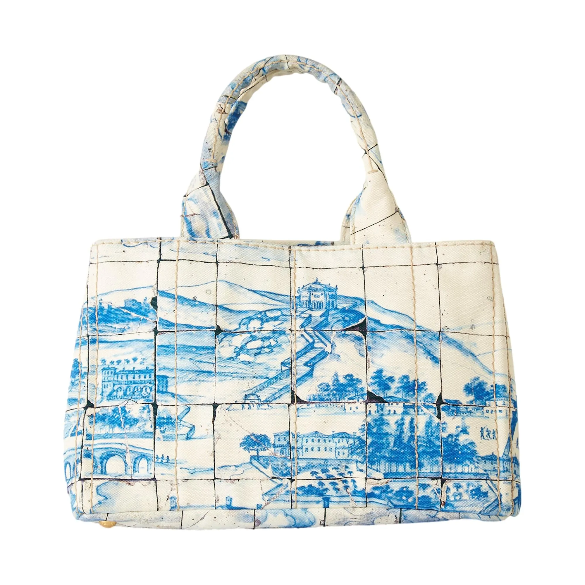 Prada Blue   White Canvas Mosaic Canapa Bag