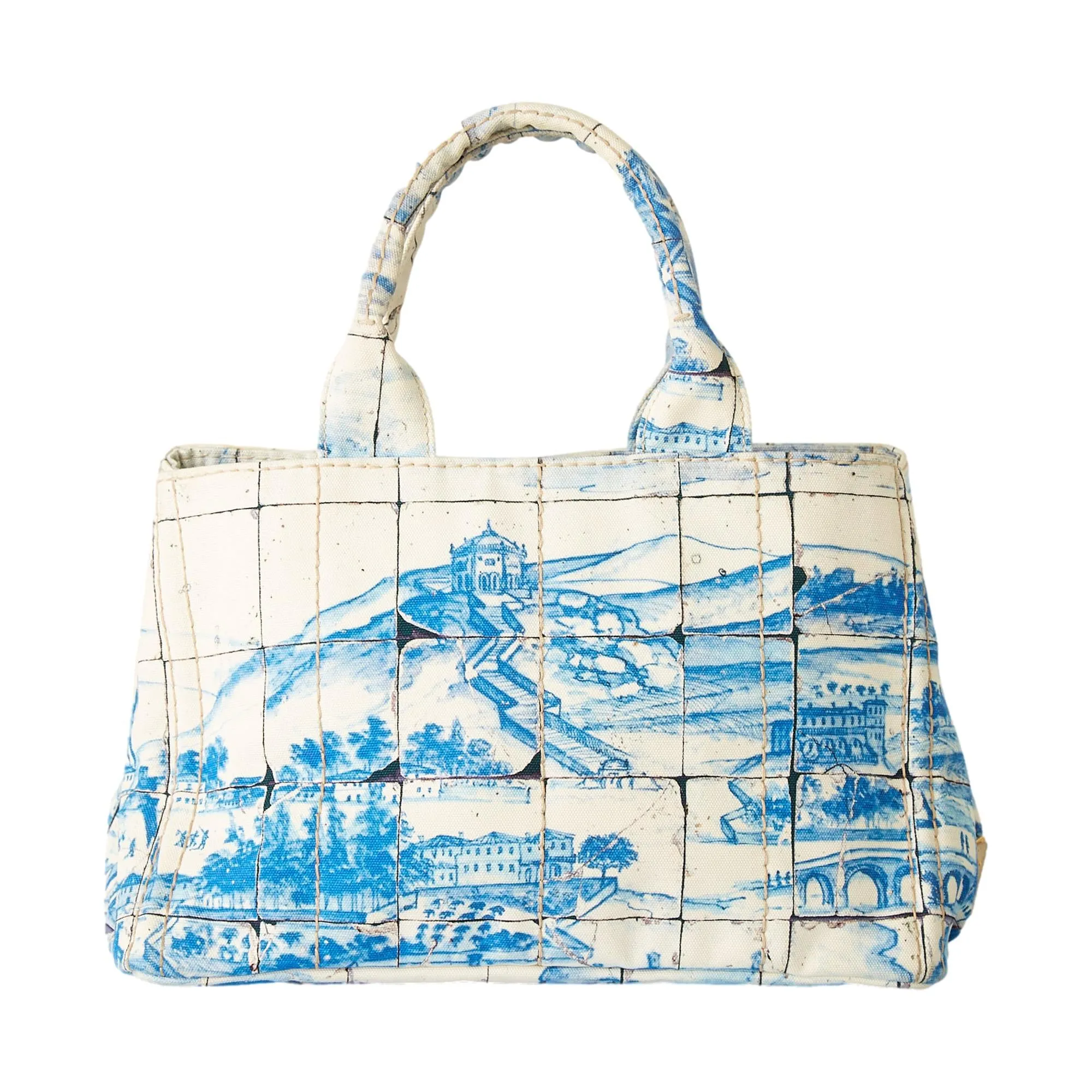 Prada Blue   White Canvas Mosaic Canapa Bag