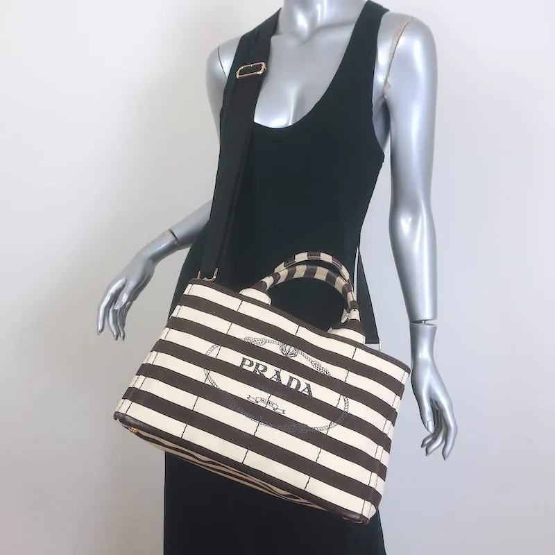 Prada Striped Canapa Canvas Medium Tote Ivory & Dark Brown Crossbody Bag