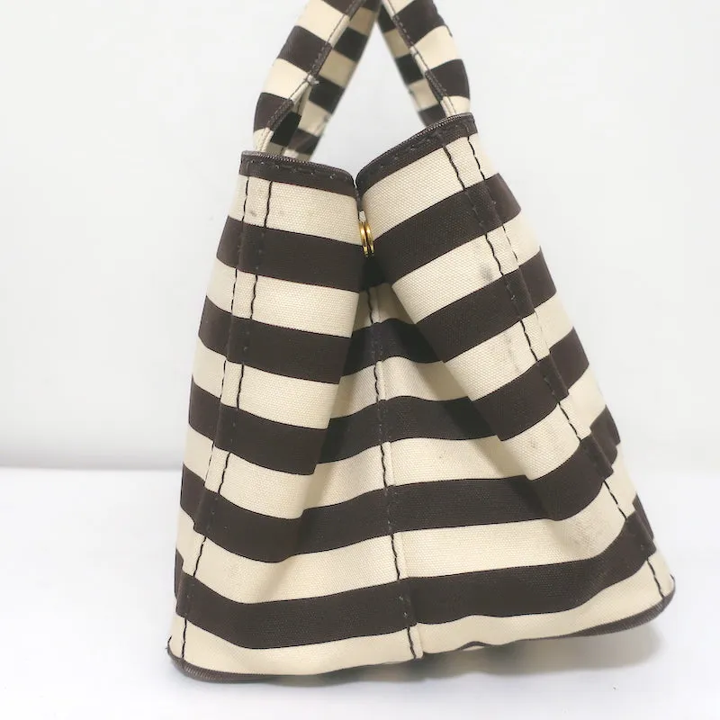Prada Striped Canapa Canvas Medium Tote Ivory & Dark Brown Crossbody Bag