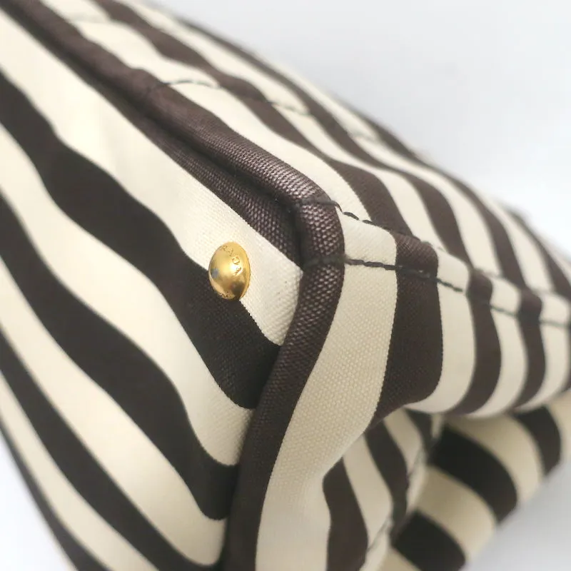 Prada Striped Canapa Canvas Medium Tote Ivory & Dark Brown Crossbody Bag