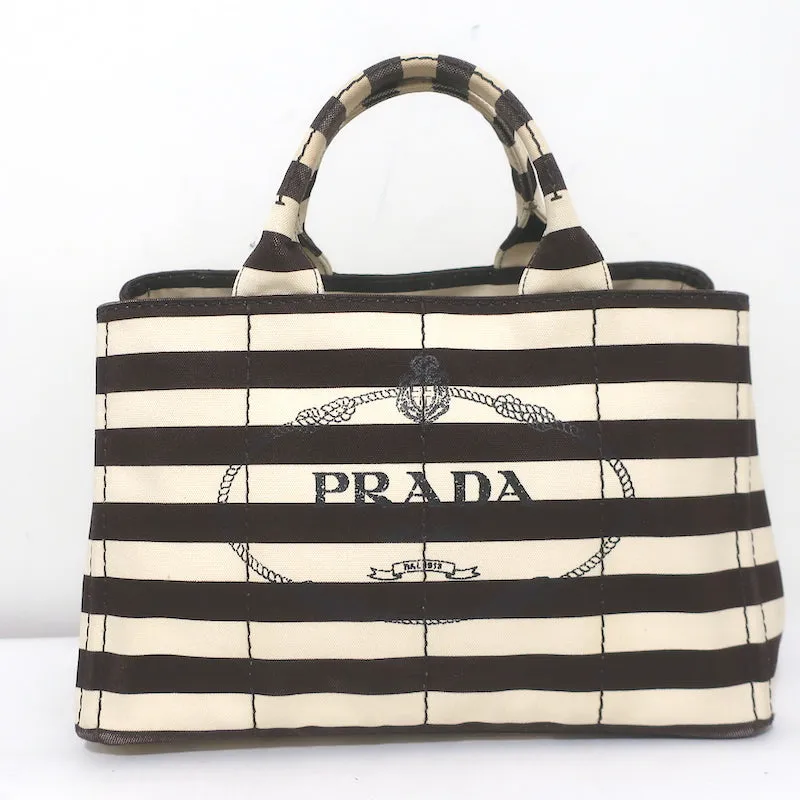 Prada Striped Canapa Canvas Medium Tote Ivory & Dark Brown Crossbody Bag