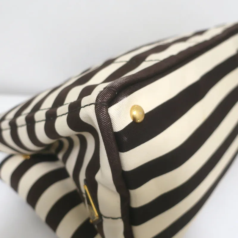 Prada Striped Canapa Canvas Medium Tote Ivory & Dark Brown Crossbody Bag