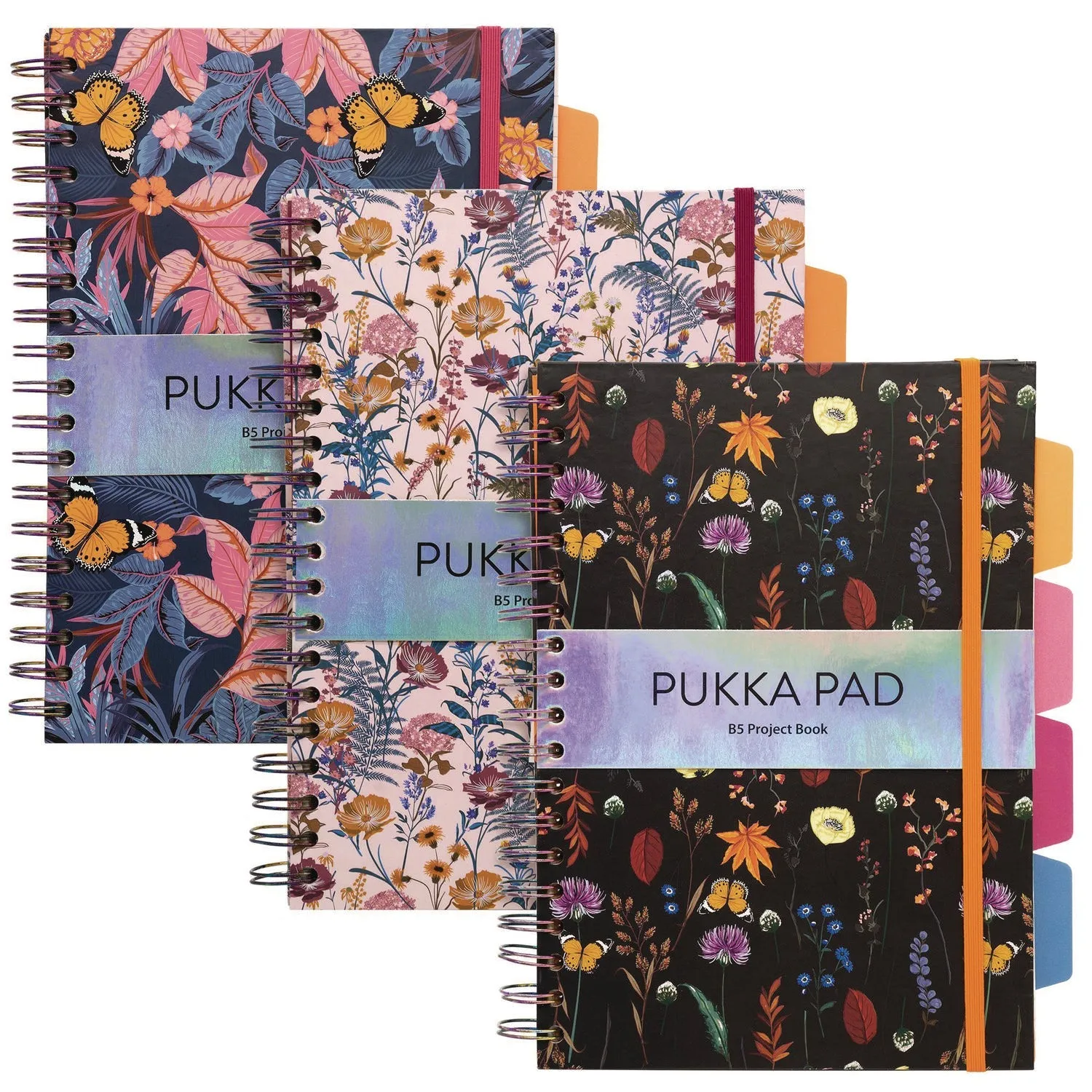 PUKKA PAD® B5 Size Project Book, 4-Subject, Medium/College Rule, Assorted Blum Floral Covers, (100) 9.8 x 6.9 Sheets, 3/Pack
