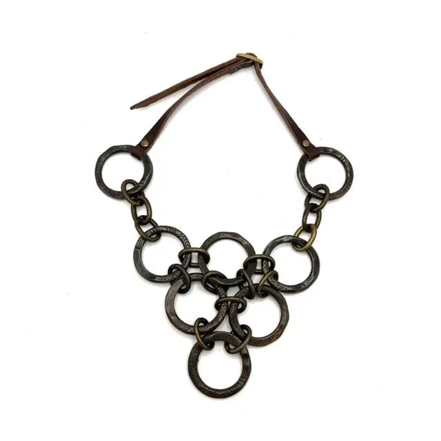 Rebel Antique Brass Finish With Italian Leather Multi Circle Pyramid Necklace