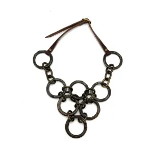 Rebel Antique Brass Finish With Italian Leather Multi Circle Pyramid Necklace