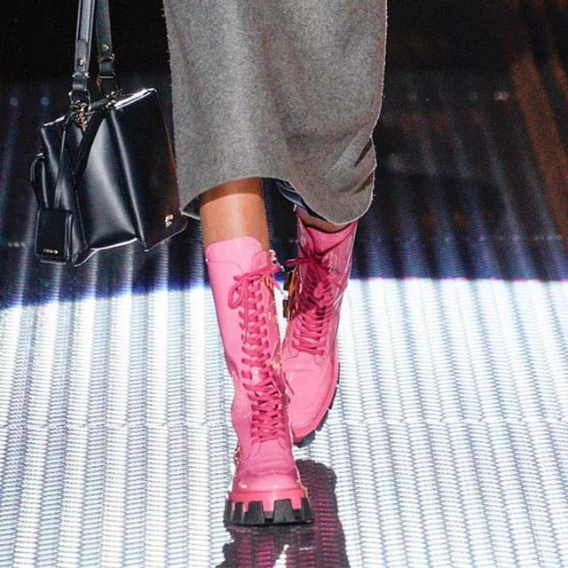 Red Pink Patent Leather Lady Rubber Boots Flat Platform Thick Sole