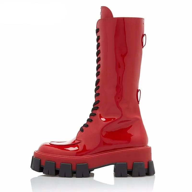 Red Pink Patent Leather Lady Rubber Boots Flat Platform Thick Sole