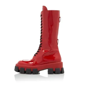 Red Pink Patent Leather Lady Rubber Boots Flat Platform Thick Sole
