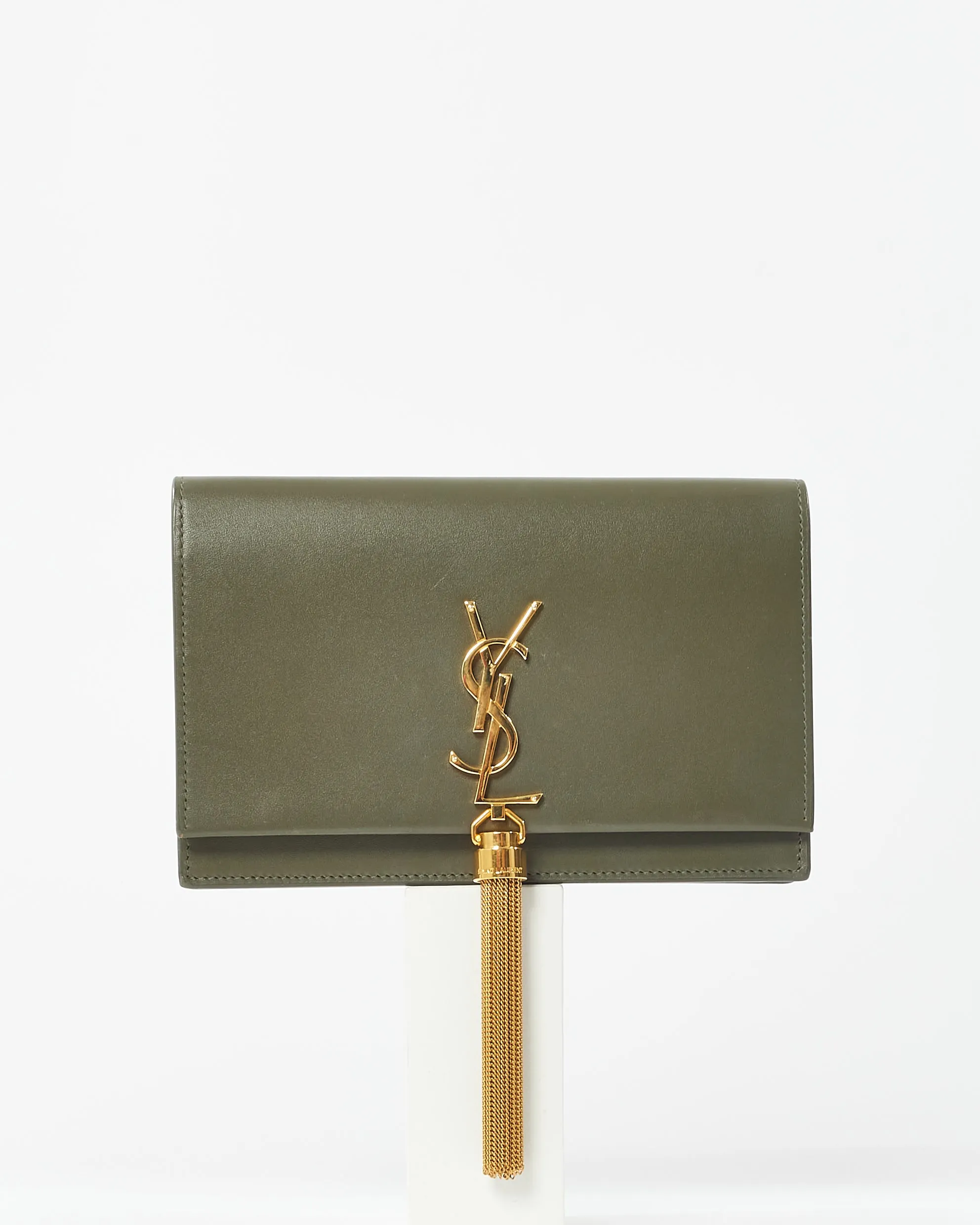 Saint Laurent Army Green Leather Kate Chain Tassel Wallet On Chain