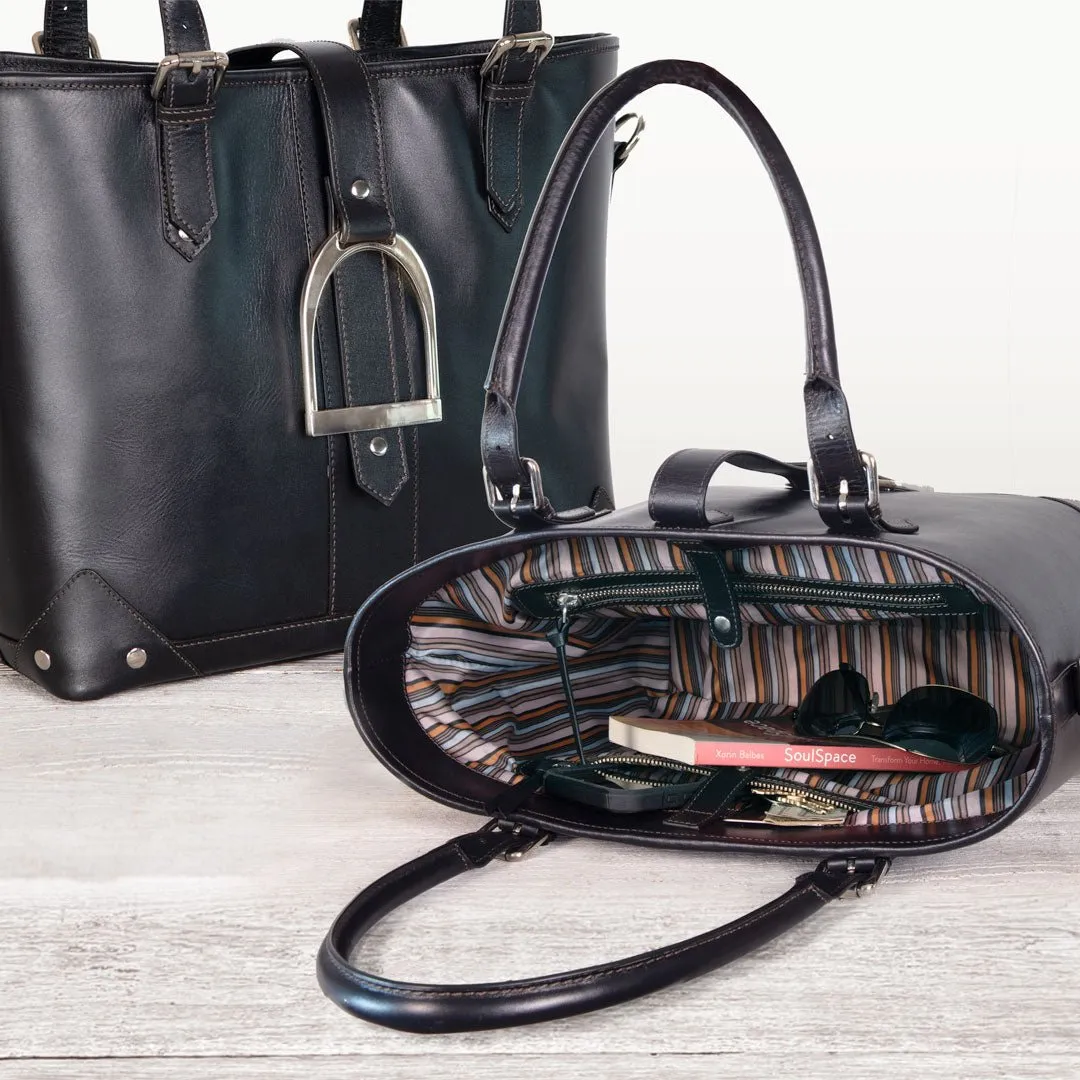 Signature - English Stirrup Tote Bag in Black Italian Leather with Nickel Hardware Equestrian Tote Bag