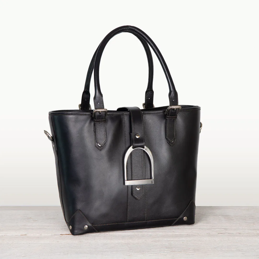 Signature - English Stirrup Tote Bag in Black Italian Leather with Nickel Hardware Equestrian Tote Bag