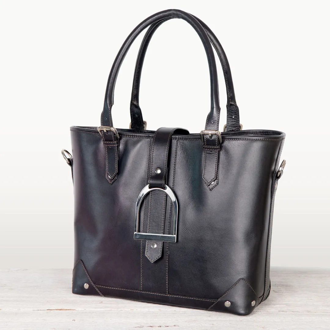 Signature - English Stirrup Tote Bag in Black Italian Leather with Nickel Hardware Equestrian Tote Bag