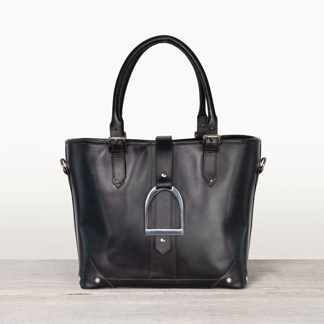 Signature - English Stirrup Tote Bag in Black Italian Leather with Nickel Hardware Equestrian Tote Bag