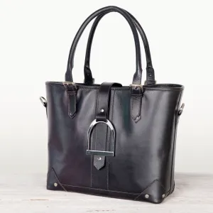 Signature - English Stirrup Tote Bag in Black Italian Leather with Nickel Hardware Equestrian Tote Bag