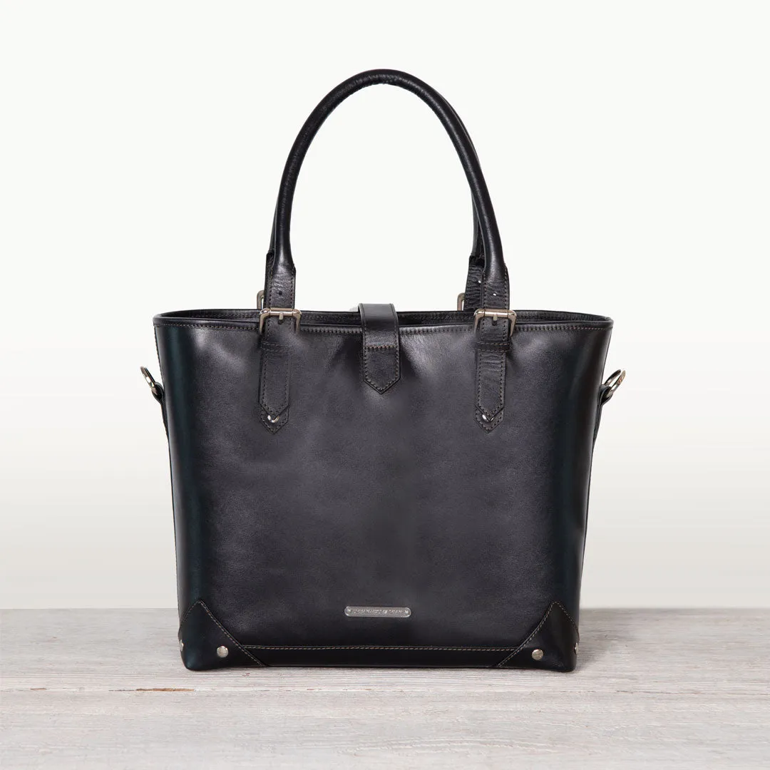 Signature - English Stirrup Tote Bag in Black Italian Leather with Nickel Hardware Equestrian Tote Bag
