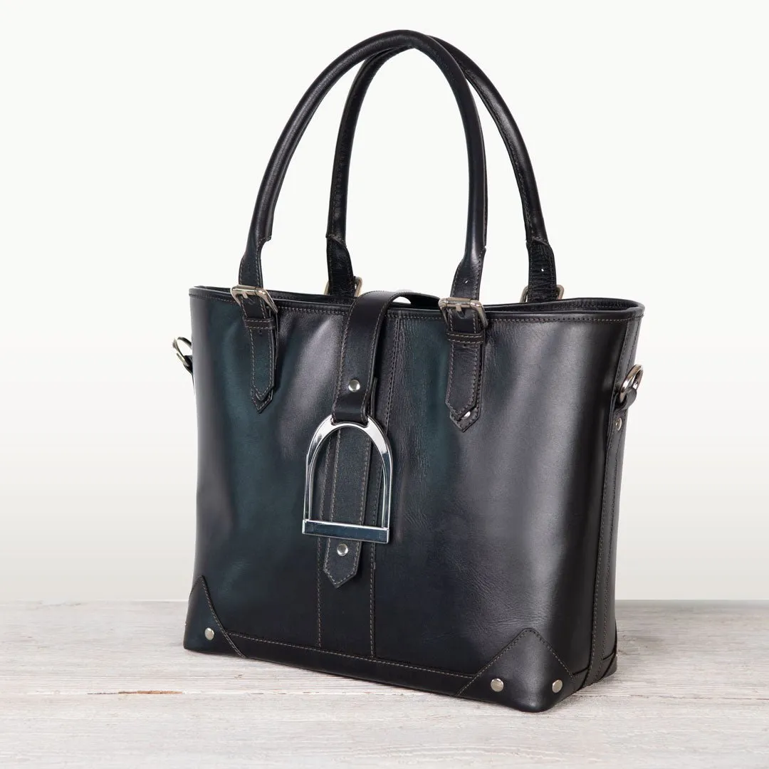 Signature - English Stirrup Tote Bag in Black Italian Leather with Nickel Hardware Equestrian Tote Bag