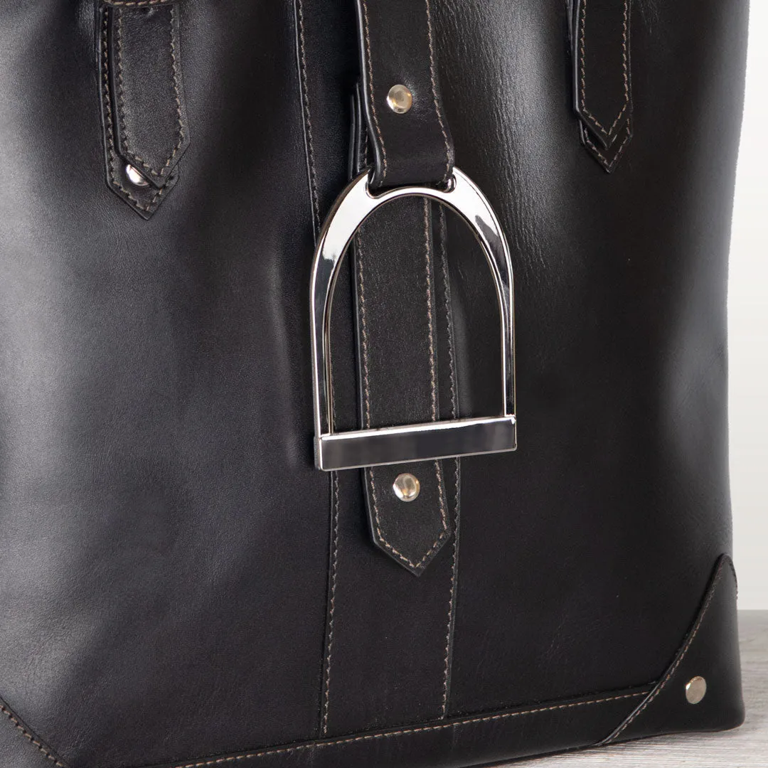 Signature - English Stirrup Tote Bag in Black Italian Leather with Nickel Hardware Equestrian Tote Bag