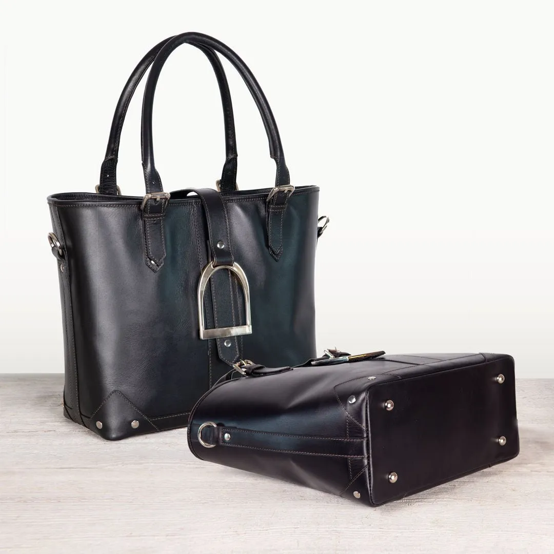 Signature - English Stirrup Tote Bag in Black Italian Leather with Nickel Hardware Equestrian Tote Bag