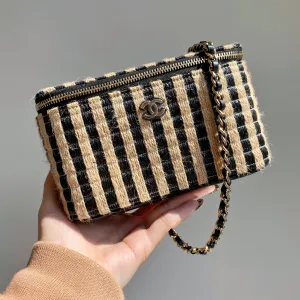 Small Vanity Case with Chain 21P Raffia Black Beige Stripe